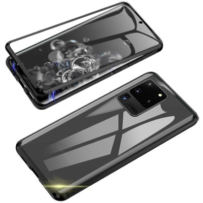 Твърди гърбове Твърди гърбове за Samsung Луксозен алуминиев бъмпър от 2 части с магнити и стъклен протектор лице и гръб оригинален Magnetic Hardware Case за Samsung Galaxy S20 Ultra G988 черен 